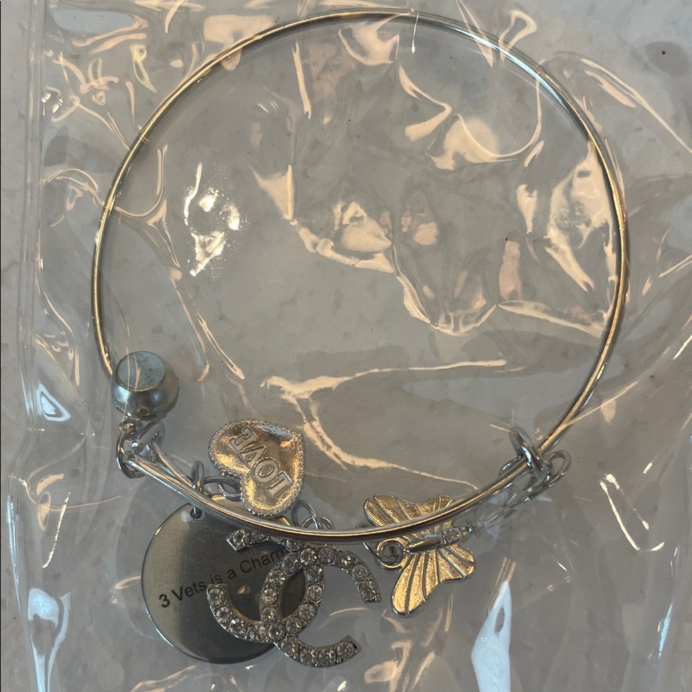 Alex & Ani Silver Charm Bracelet heart butterfly 3 vets rhinestone beads new